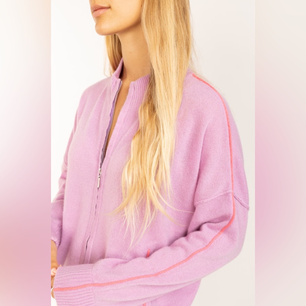 Crush Cashmere Flores Zipper Bomber Cardigan Pale Pink/Lilac Size 0 XS